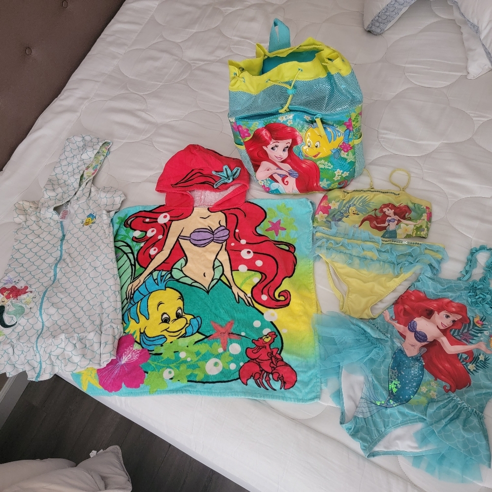 Disney Little Mermaid swim sets, beach bag, coverups, size 7/8
